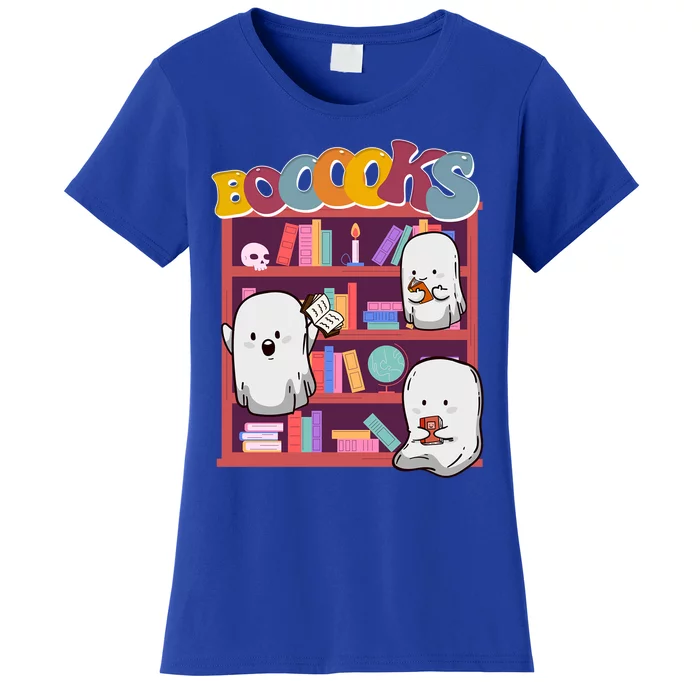 Retro Ghost Book Reading Librarian Halloween Teachers Cool Gift Women's T-Shirt