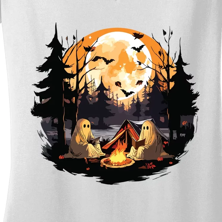 Retro Ghost Book Reading Camping Gothic Halloween Women Women's V-Neck T-Shirt