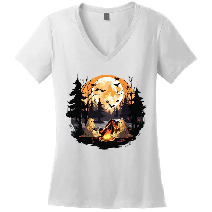 Retro Ghost Book Reading Camping Gothic Halloween Women Women's V-Neck T-Shirt