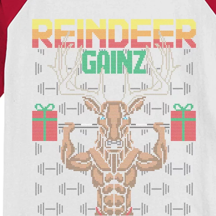 Reindeer Gainz Brodolf Ugly Christmas Sweater Gym Workout Gift Kids Colorblock Raglan Jersey