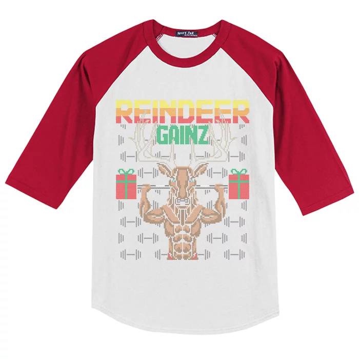 Reindeer Gainz Brodolf Ugly Christmas Sweater Gym Workout Gift Kids Colorblock Raglan Jersey