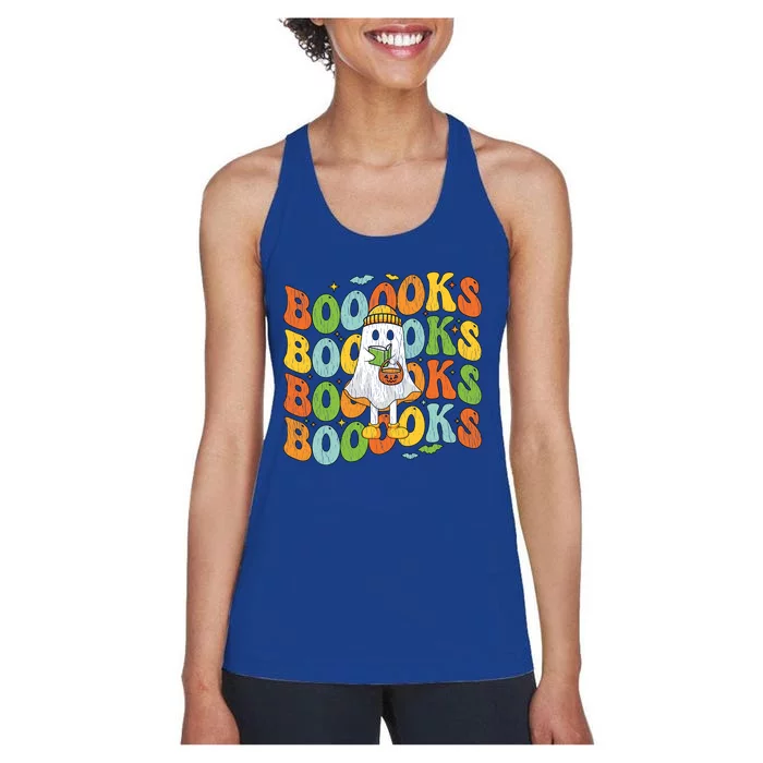 Retro Groovy Boooks Ghost Halloween Librarian Teacher Book Gift Women's Racerback Tank