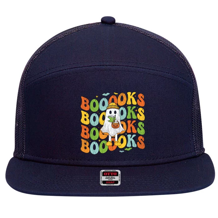 Retro Groovy Boooks Ghost Halloween Librarian Teacher Book Gift 7 Panel Mesh Trucker Snapback Hat