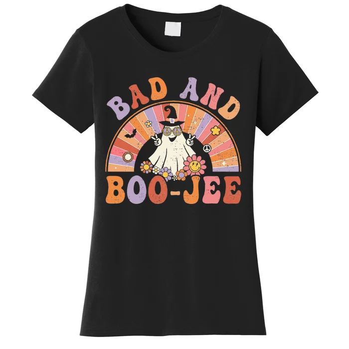 Retro Groovy Bad And BooJee Floral Ghost Halloween Hippie Women's T-Shirt