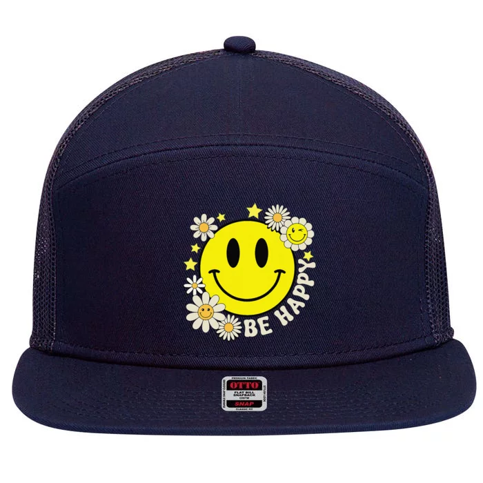 Retro Groovy Be Happy Smile Face Daisy Flower 70s 7 Panel Mesh Trucker Snapback Hat