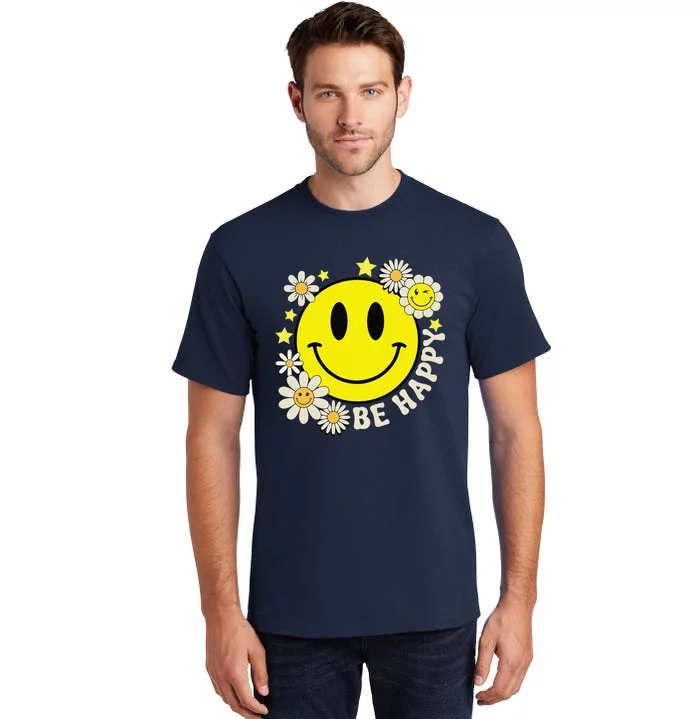 Retro Groovy Be Happy Smile Face Daisy Flower 70s Tall T-Shirt