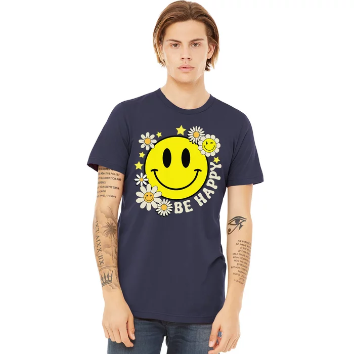 Retro Groovy Be Happy Smile Face Daisy Flower 70s Premium T-Shirt