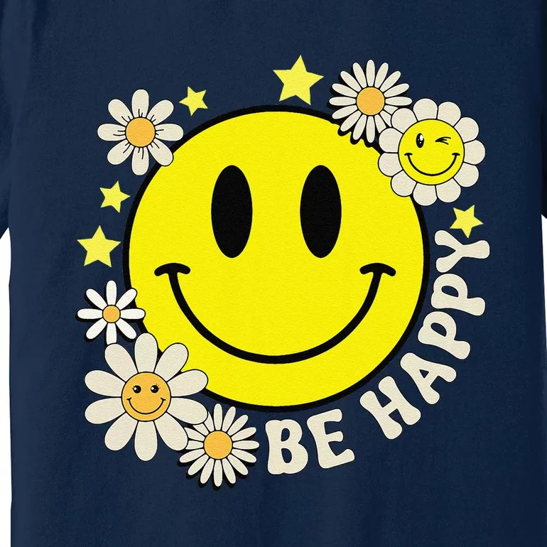 Retro Groovy Be Happy Smile Face Daisy Flower 70s Premium T-Shirt