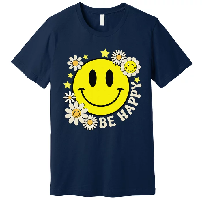 Retro Groovy Be Happy Smile Face Daisy Flower 70s Premium T-Shirt