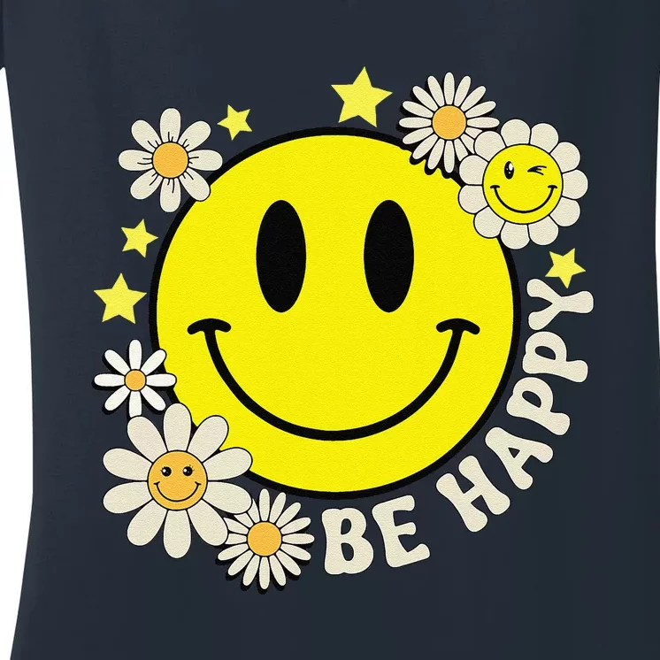 Retro Groovy Be Happy Smile Face Daisy Flower 70s Women's V-Neck T-Shirt