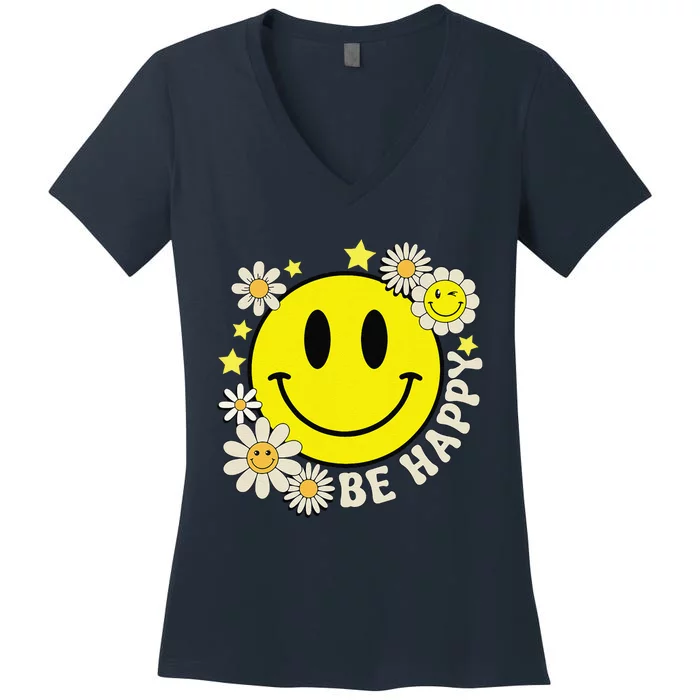 Retro Groovy Be Happy Smile Face Daisy Flower 70s Women's V-Neck T-Shirt