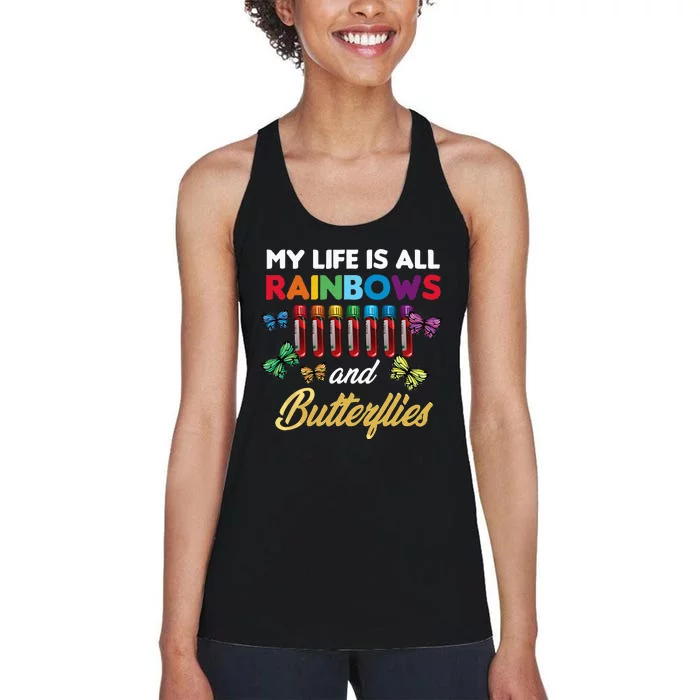 Reaction Glass Butterfly Rainbow Phlebotomist Laboratory Women's Racerback Tank