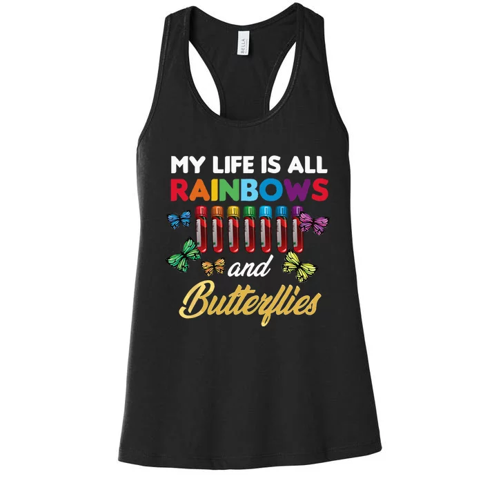 Reaction Glass Butterfly Rainbow Phlebotomist Laboratory Women's Racerback Tank