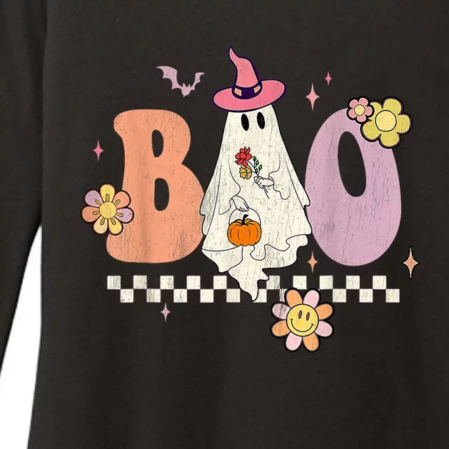 Retro Groovy Boo Crew Ghost Pumpkin Flower Halloween Costume Gift Womens CVC Long Sleeve Shirt