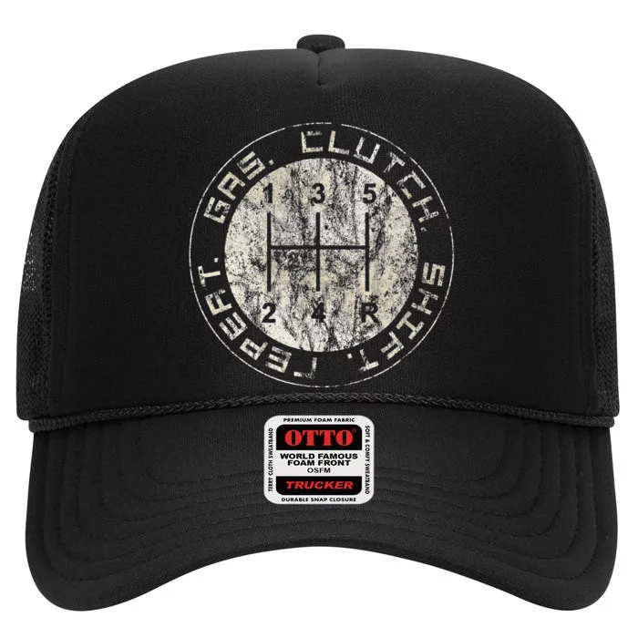 retro Gas. Clutch. Gap. Repeat. Drivers Stick Shift 5 Speed High Crown Mesh Trucker Hat