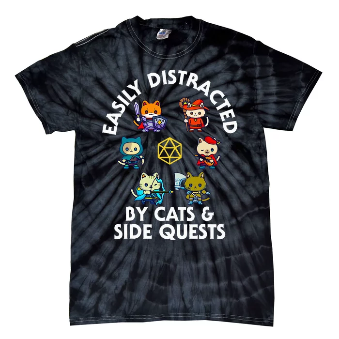 Rpg Gamer Cats Side Quests D20 Dice Nerdy Cat Tie-Dye T-Shirt