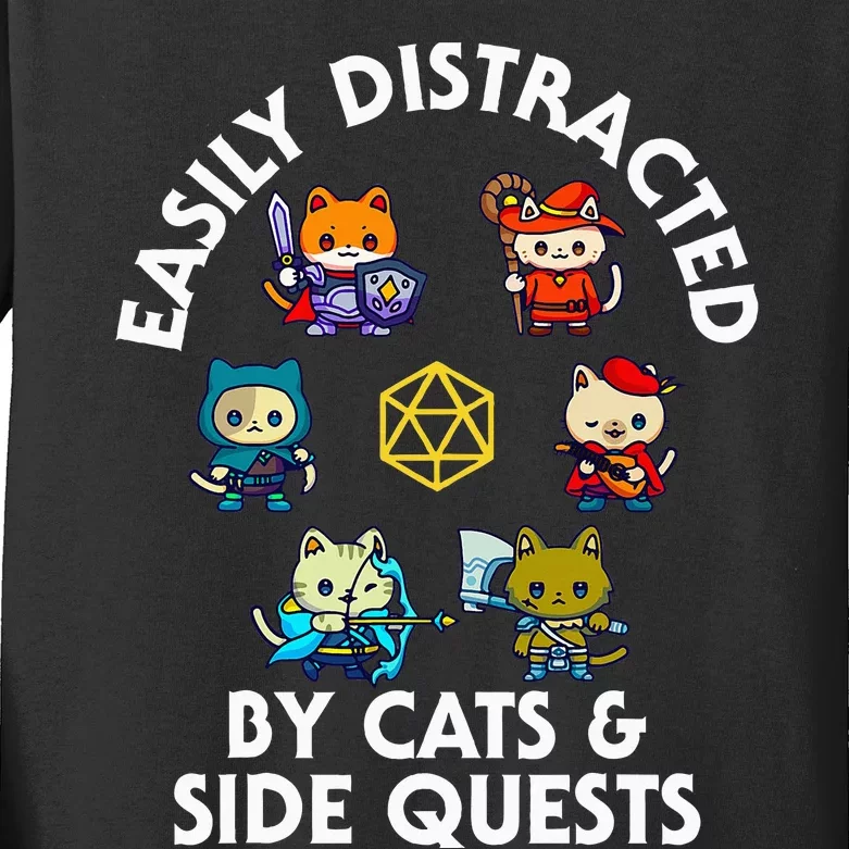 Rpg Gamer Cats Side Quests D20 Dice Nerdy Cat Kids Long Sleeve Shirt