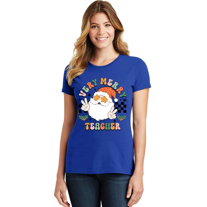 Retro Groovy Christmas Very Merry Teacher Santa Teacher Life Cool Gift Women's T-Shirt