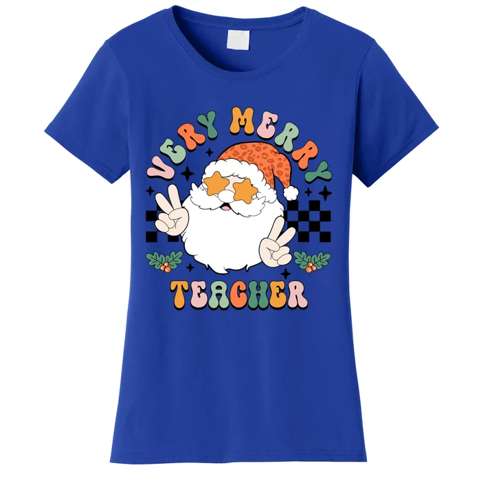 Retro Groovy Christmas Very Merry Teacher Santa Teacher Life Cool Gift Women's T-Shirt