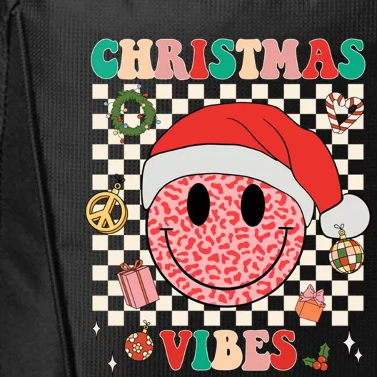 Retro Groovy Christmas Vibes Funny Smile Face SantaS Hat Gift City Backpack