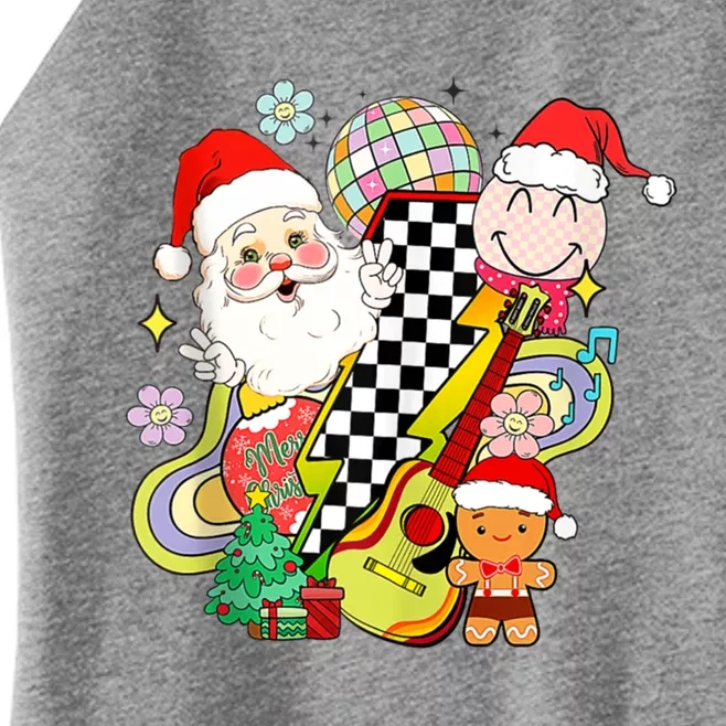 Retro Groovy Christmas Vibes Trendy Smile Face Santa Claus Gift Women’s Perfect Tri Rocker Tank