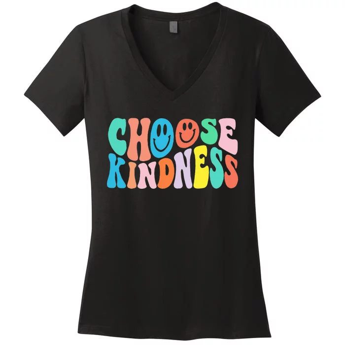 Retro Groovy Choose Kindness Be Kind Inspirational Teacher Women's V-Neck T-Shirt