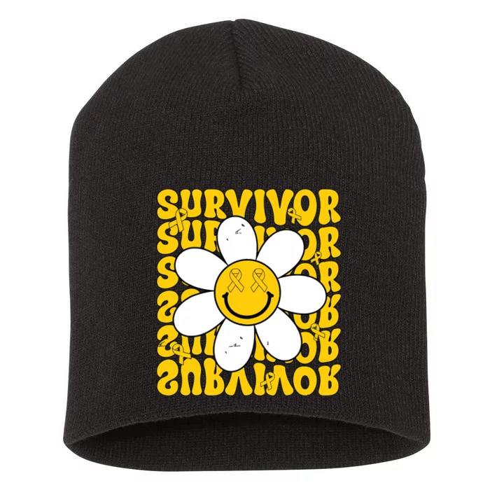 Retro Groovy Childhood Cancer Awareness Month Survivor Short Acrylic Beanie