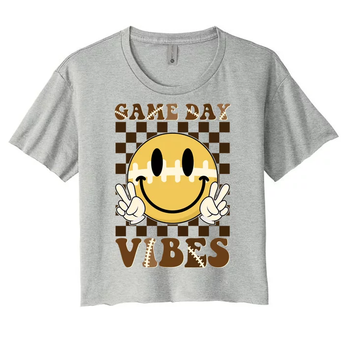 Retro Game Day Vibes Smiley Emoji Football Fan Women's Crop Top Tee