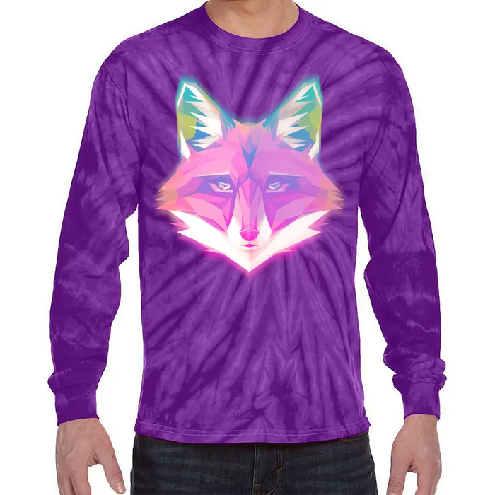 Retro Glowing Digital Polygon Fox Tie-Dye Long Sleeve Shirt