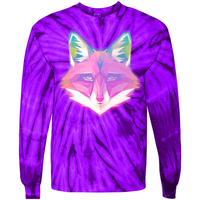 Retro Glowing Digital Polygon Fox Tie-Dye Long Sleeve Shirt