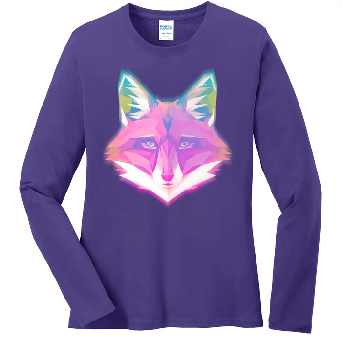 Retro Glowing Digital Polygon Fox Ladies Long Sleeve Shirt