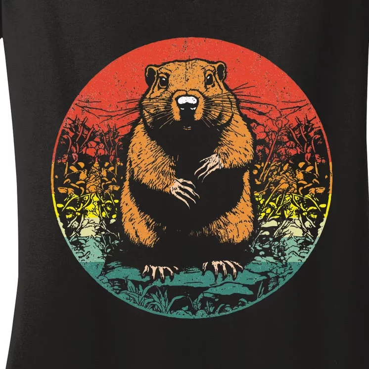 Retro Groundhog Day Cute Woodchuck Groundhog Women's V-Neck T-Shirt