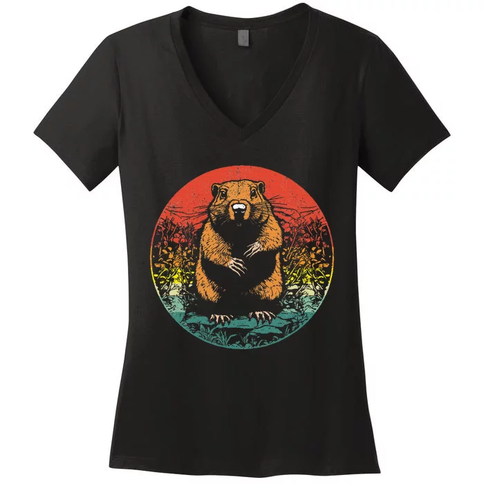 Retro Groundhog Day Cute Woodchuck Groundhog Women's V-Neck T-Shirt