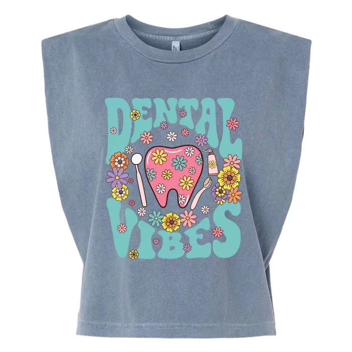 Retro Groovy Dental Vibes Funny Dentist Hygienist Garment-Dyed Women's Muscle Tee