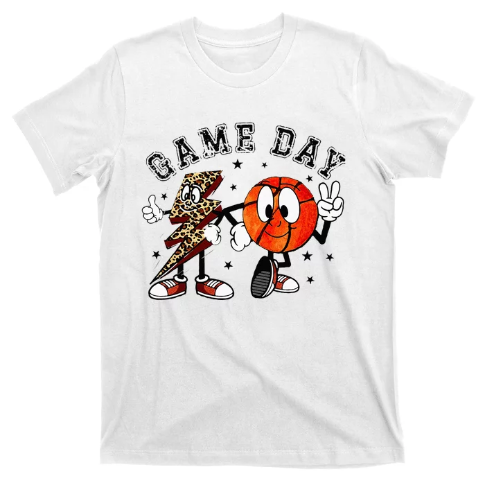 Retro Game Day Basketball Lighting Bolt Leopard Basketball T-Shirt