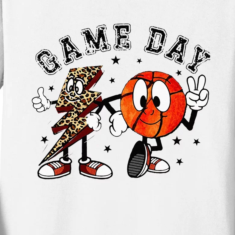 Retro Game Day Basketball Lighting Bolt Leopard Basketball Kids Long Sleeve Shirt