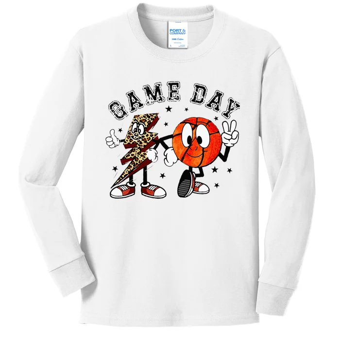 Retro Game Day Basketball Lighting Bolt Leopard Basketball Kids Long Sleeve Shirt