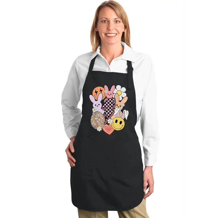 Retro Groovy Easter Lightning Bolt Bunny Funny Girl Women Full-Length Apron With Pocket