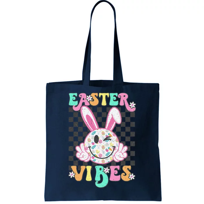 Retro Groovy Easter Vibes Bunny Checkered Smile Tote Bag