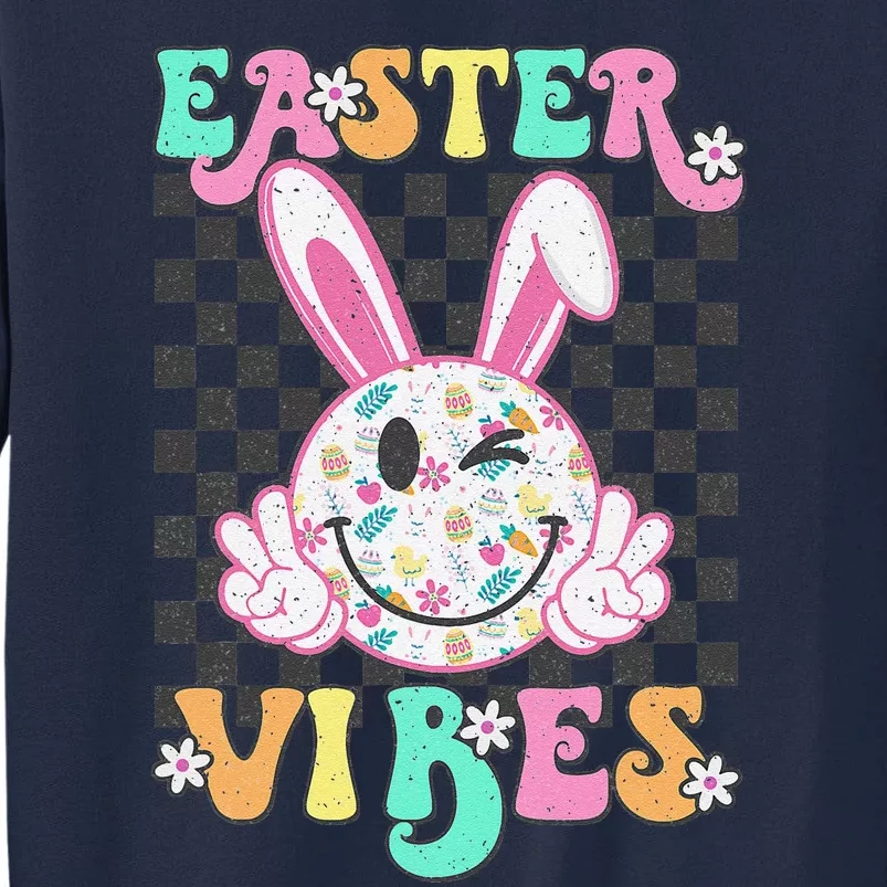 Retro Groovy Easter Vibes Bunny Checkered Smile Tall Sweatshirt