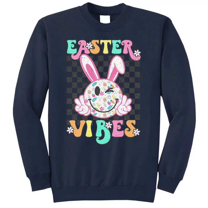 Retro Groovy Easter Vibes Bunny Checkered Smile Tall Sweatshirt