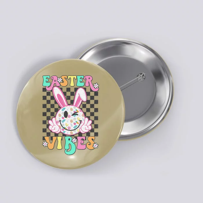 Retro Groovy Easter Vibes Bunny Checkered Smile Button