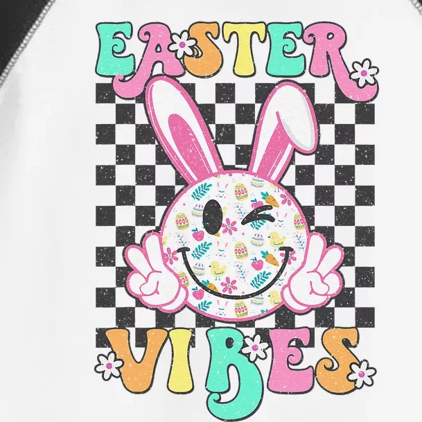 Retro Groovy Easter Vibes Bunny Checkered Smile Toddler Fine Jersey T-Shirt