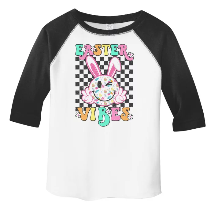 Retro Groovy Easter Vibes Bunny Checkered Smile Toddler Fine Jersey T-Shirt