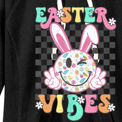 Retro Groovy Easter Vibes Bunny Checkered Smile Women's Fleece Hoodie