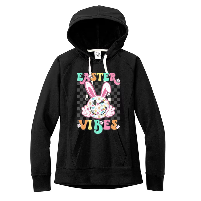 Retro Groovy Easter Vibes Bunny Checkered Smile Women's Fleece Hoodie