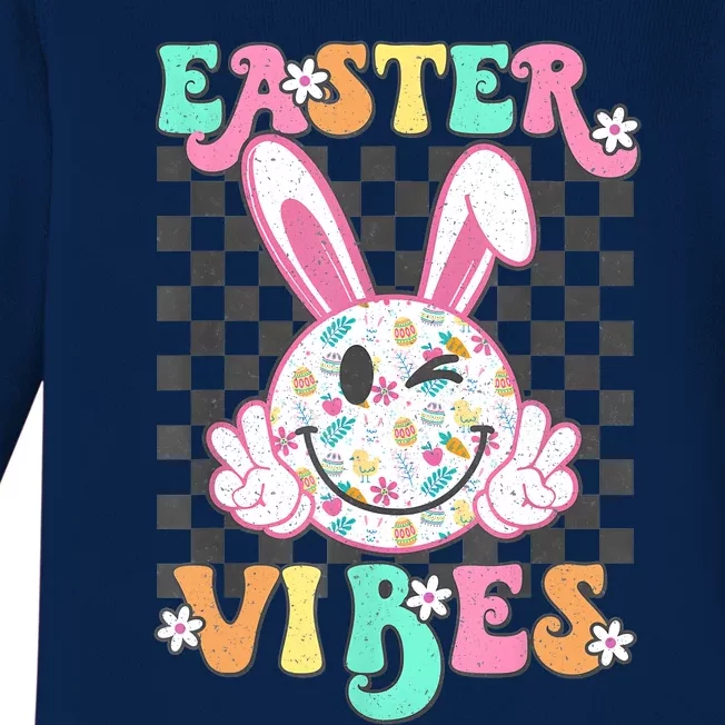 Retro Groovy Easter Vibes Bunny Checkered Smile Baby Long Sleeve Bodysuit