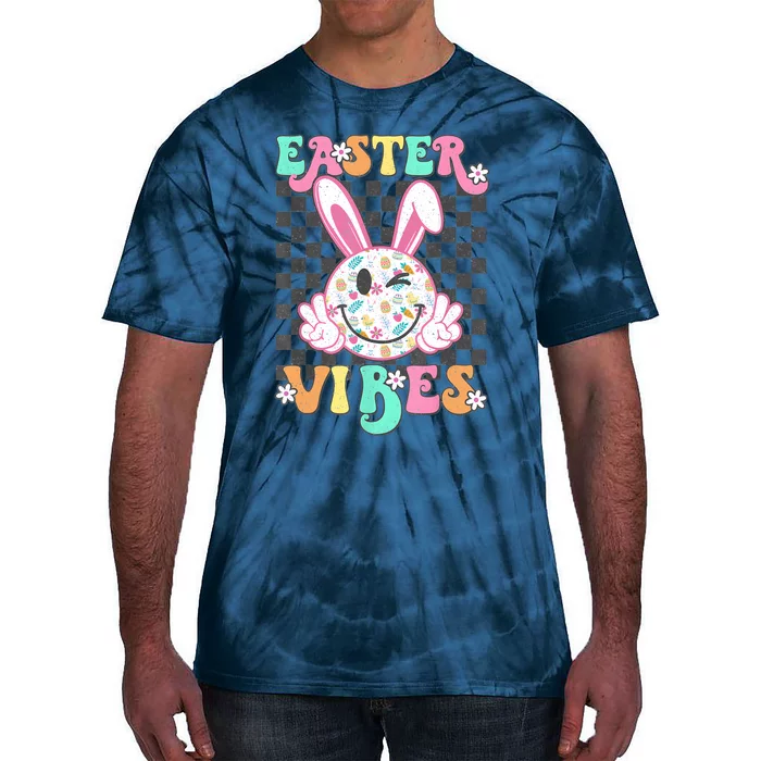 Retro Groovy Easter Vibes Bunny Checkered Smile Tie-Dye T-Shirt