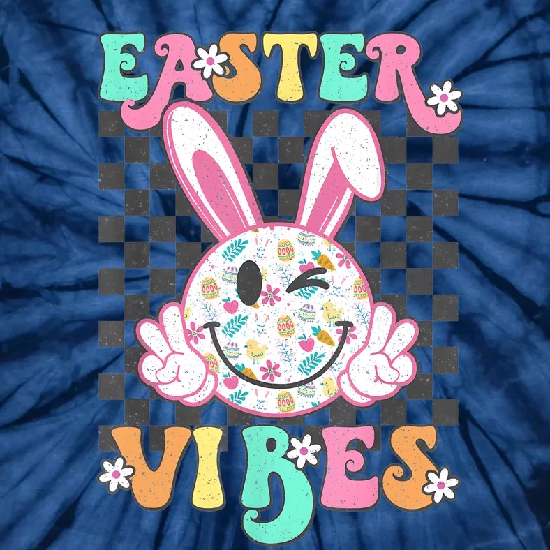 Retro Groovy Easter Vibes Bunny Checkered Smile Tie-Dye T-Shirt