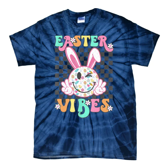 Retro Groovy Easter Vibes Bunny Checkered Smile Tie-Dye T-Shirt